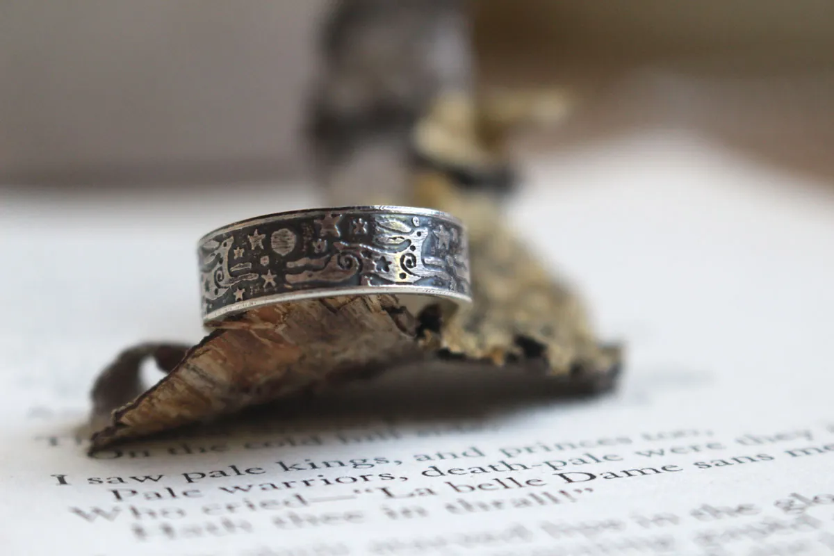 The hare round dance, rabbit of the night sky ring in silver
