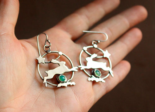 The hare star, carefree spirit earrings in silver and chrysoprase