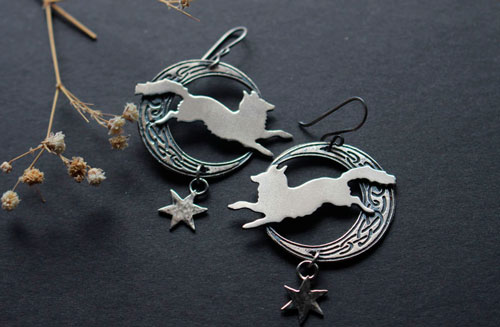 The moon fox, Celtic symbol animal earrings in silver