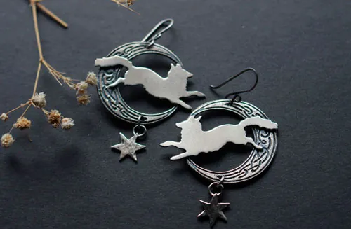 The moon fox, Celtic symbol animal earrings in silver
