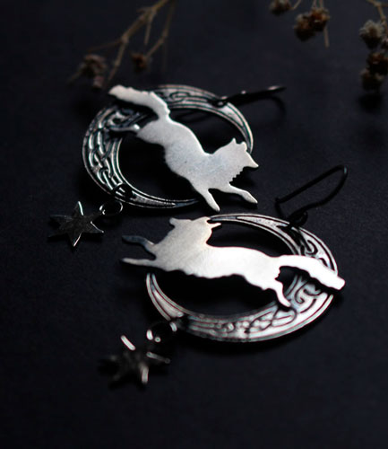 The moon fox, Celtic symbol animal earrings in silver