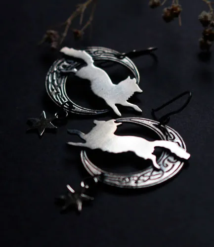 The moon fox, Celtic symbol animal earrings in silver