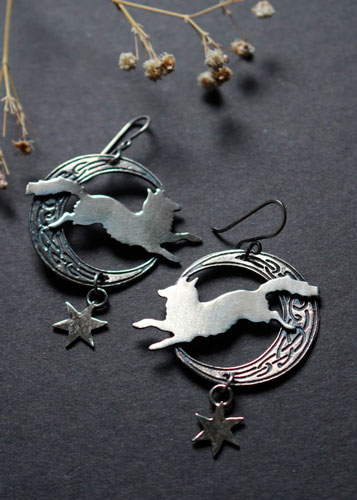 The moon fox, Celtic symbol animal earrings in silver