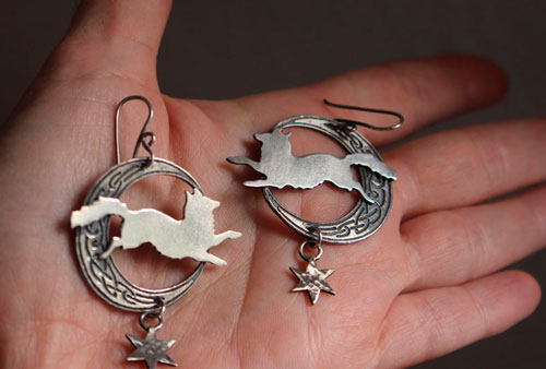 The moon fox, Celtic symbol animal earrings in silver