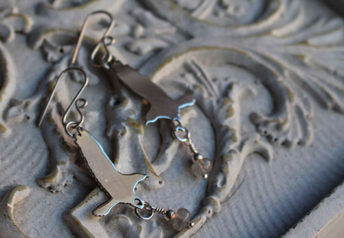 The raven’s offering, Nordic legend bird earrings in silver and labradorite