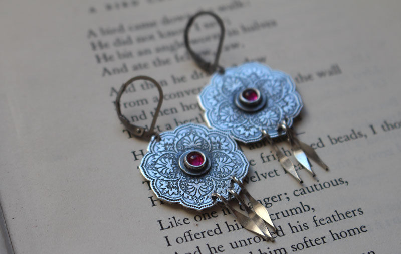 The rose of the Orient, oriental rosette earrings in silver and ruby