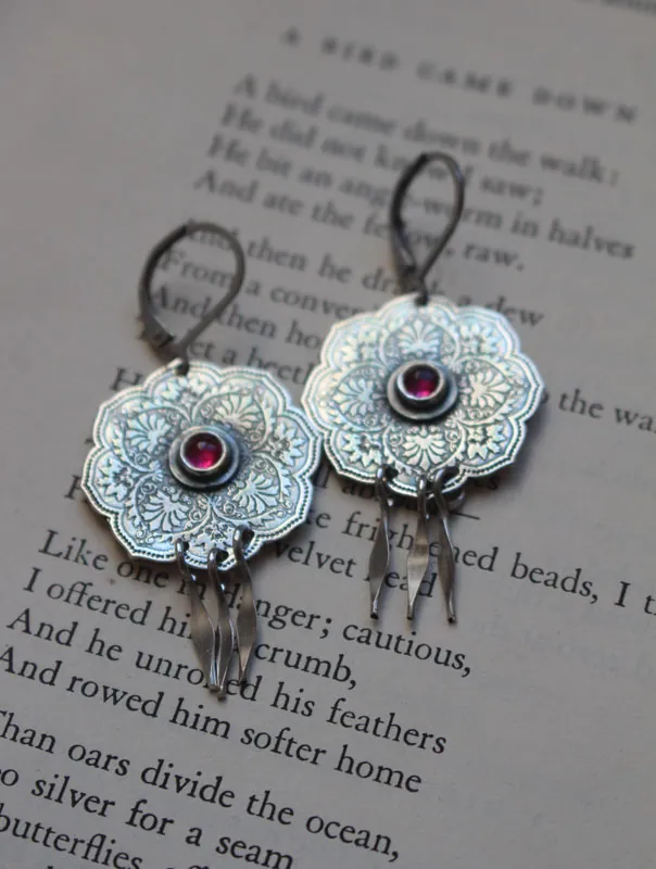 The rose of the Orient, oriental rosette earrings in silver and ruby