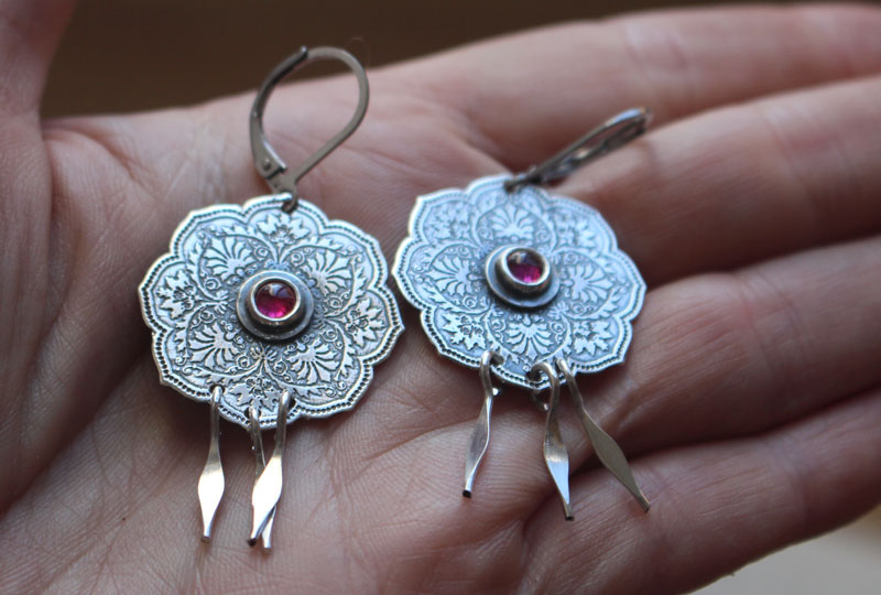 The rose of the Orient, oriental rosette earrings in silver and ruby