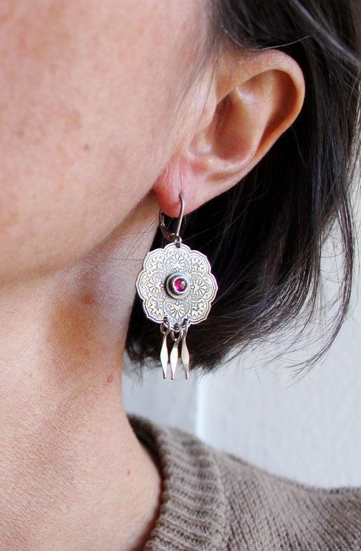 The rose of the Orient, oriental rosette earrings in silver and ruby