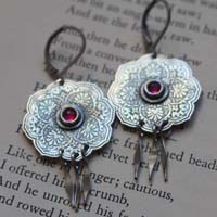 The rose of the Orient, oriental rosette earrings in silver and ruby