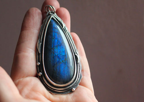 The same moon, romantic night sky pendant in silver and labradorite