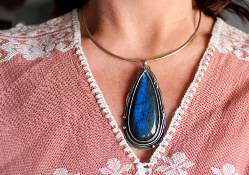 The same moon, romantic night sky pendant in silver and labradorite