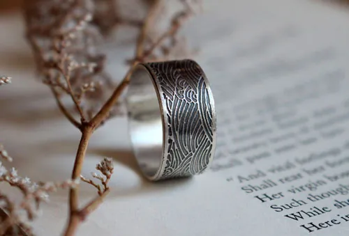 The sea, Japanese waves ring in sterling silver