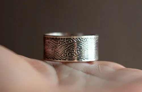 The sea, Japanese waves ring in sterling silver