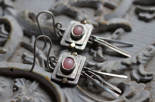 The shooting star, celestial earrings in silver, gold and pink opal
