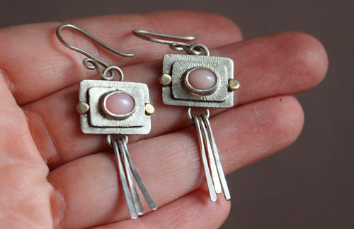 The shooting star, celestial earrings in silver, gold and pink opal
