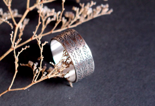 The song of the forest, tree branch ring in sterling silver