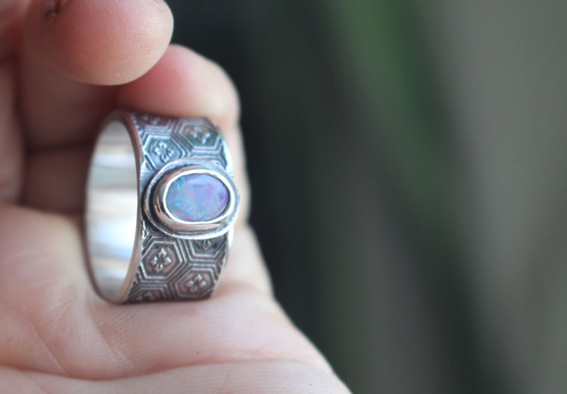 The swamp that reflected the stars, Japanese nature ring in silver and opal