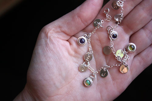 The tree of Jesse, family keepsake bracelet in silver with amethyst, opal, and peridot