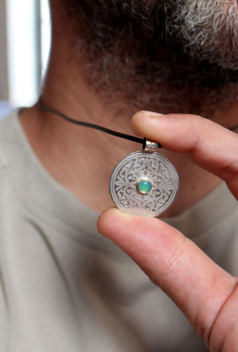 The tree of the sacred enclosure, medieval shield pendant in silver and chrysoprase