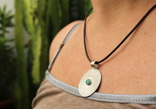 The tree of the sacred enclosure, medieval shield pendant in silver and chrysoprase