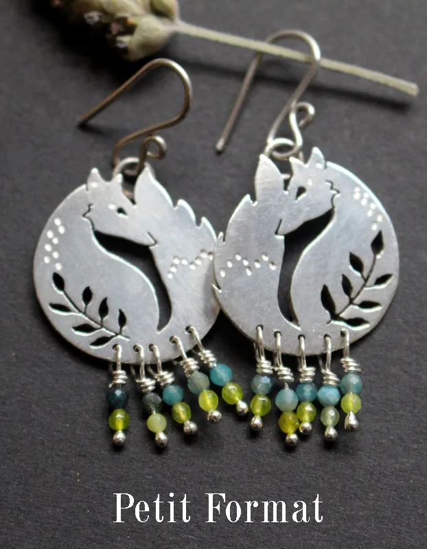 The wheat fox, friend of the Little Prince earrings in silver, blue agate and green agate
