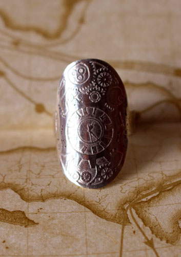 Time travel, Steampunk gear clock ring in sterling silver