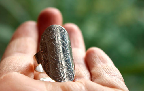 Time travel, Steampunk gear clock ring in sterling silver