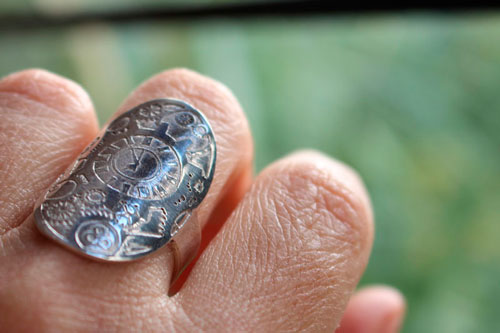 Time travel, Steampunk gear clock ring in sterling silver