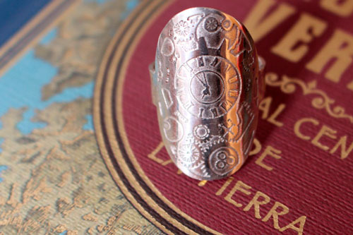 Time travel, Steampunk gear clock ring in sterling silver
