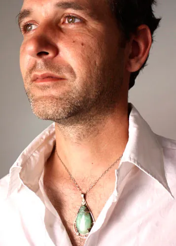 Tlaloc, Aztec pendant in sterling silver and chrysoprase