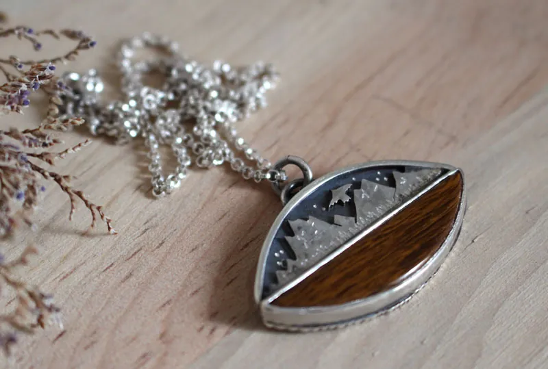 To the heavens, mountain eagle necklace in silver and fossilized wood