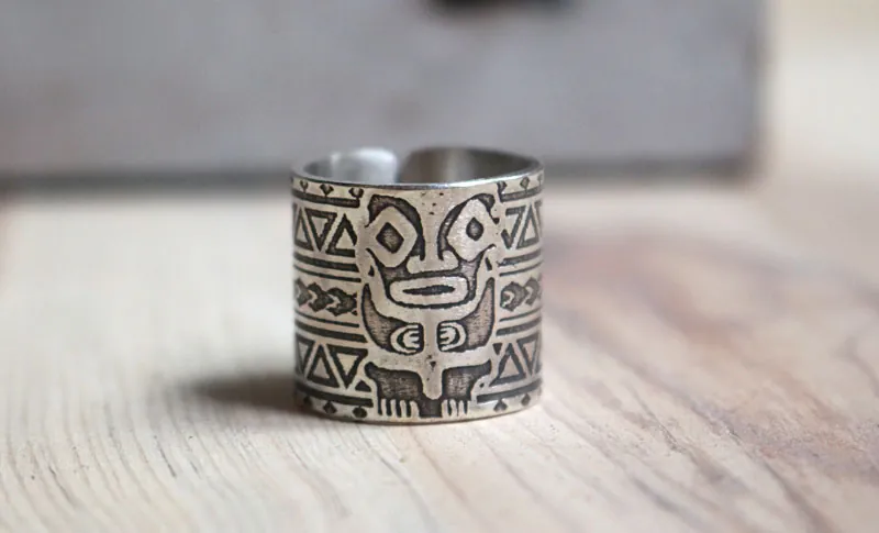 Totem, polynesian tiki ring in sterling silver