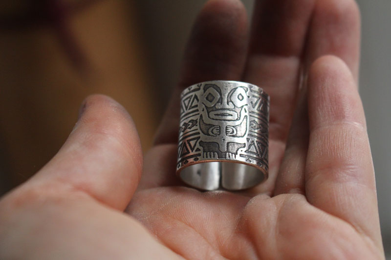 Totem, polynesian tiki ring in sterling silver