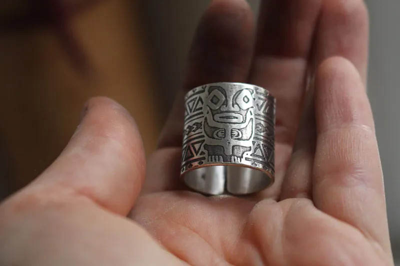 Totem, polynesian tiki ring in sterling silver