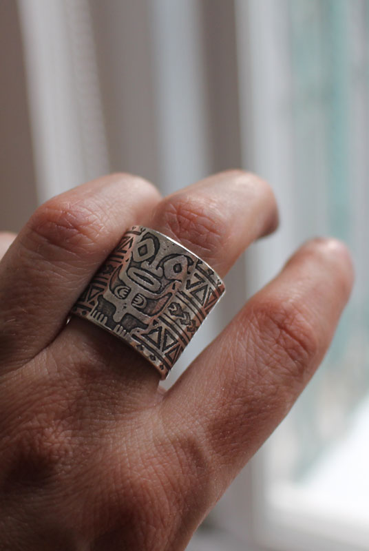 Totem, polynesian tiki ring in sterling silver