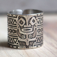 Totem, polynesian tiki ring in sterling silver