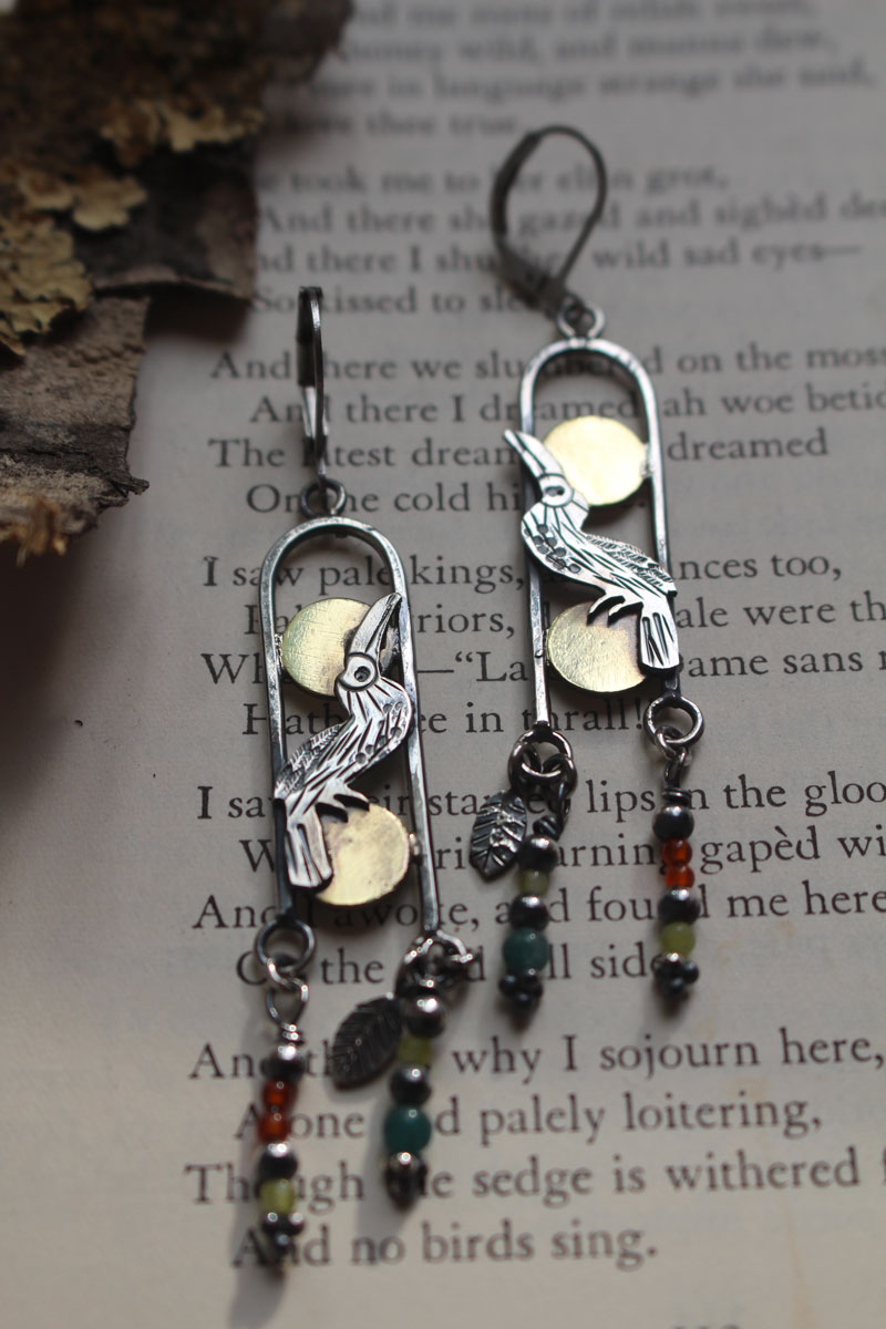 Toucan, exotic bird earrings in silver, brass, carnelian and green agate