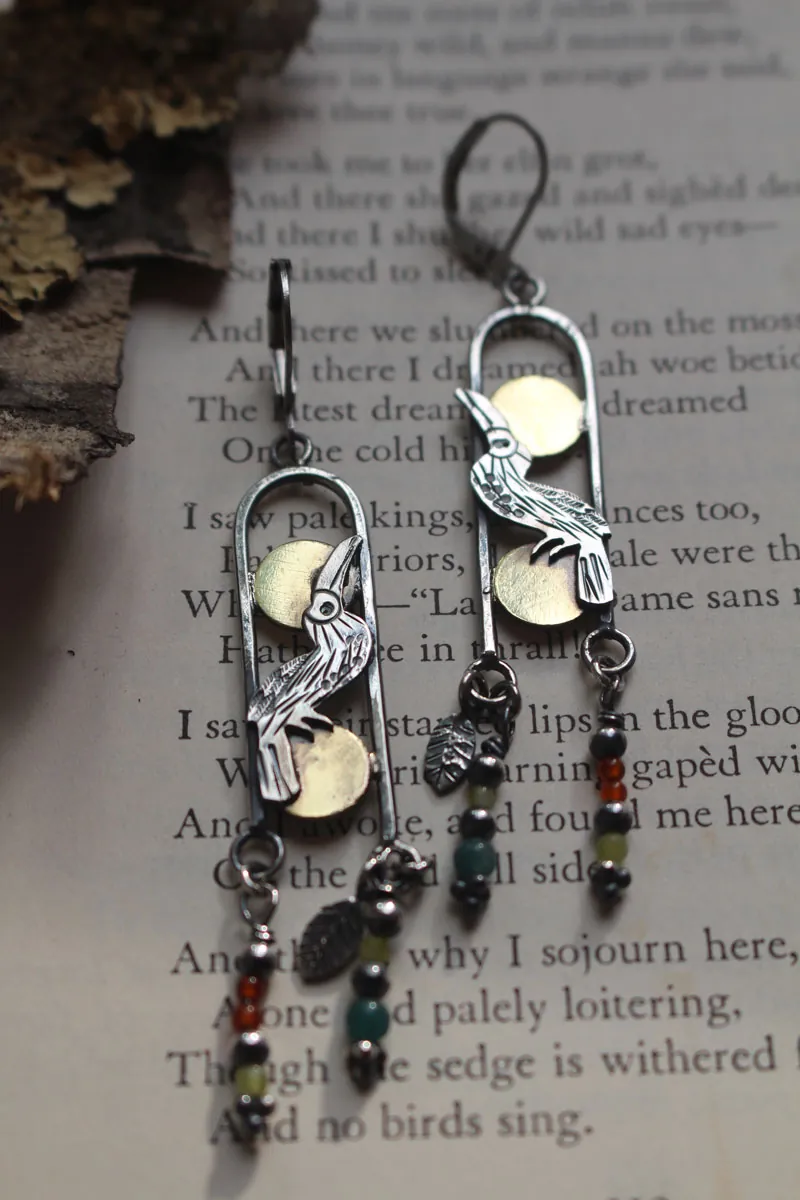 Toucan, exotic bird earrings in silver, brass, carnelian and green agate