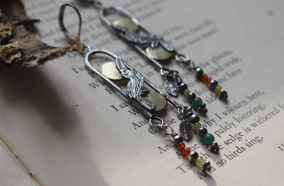 Toucan, exotic bird earrings in silver, brass, carnelian and green agate