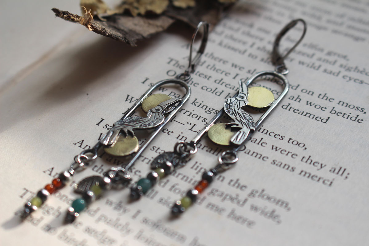 Toucan, exotic bird earrings in silver, brass, carnelian and green agate