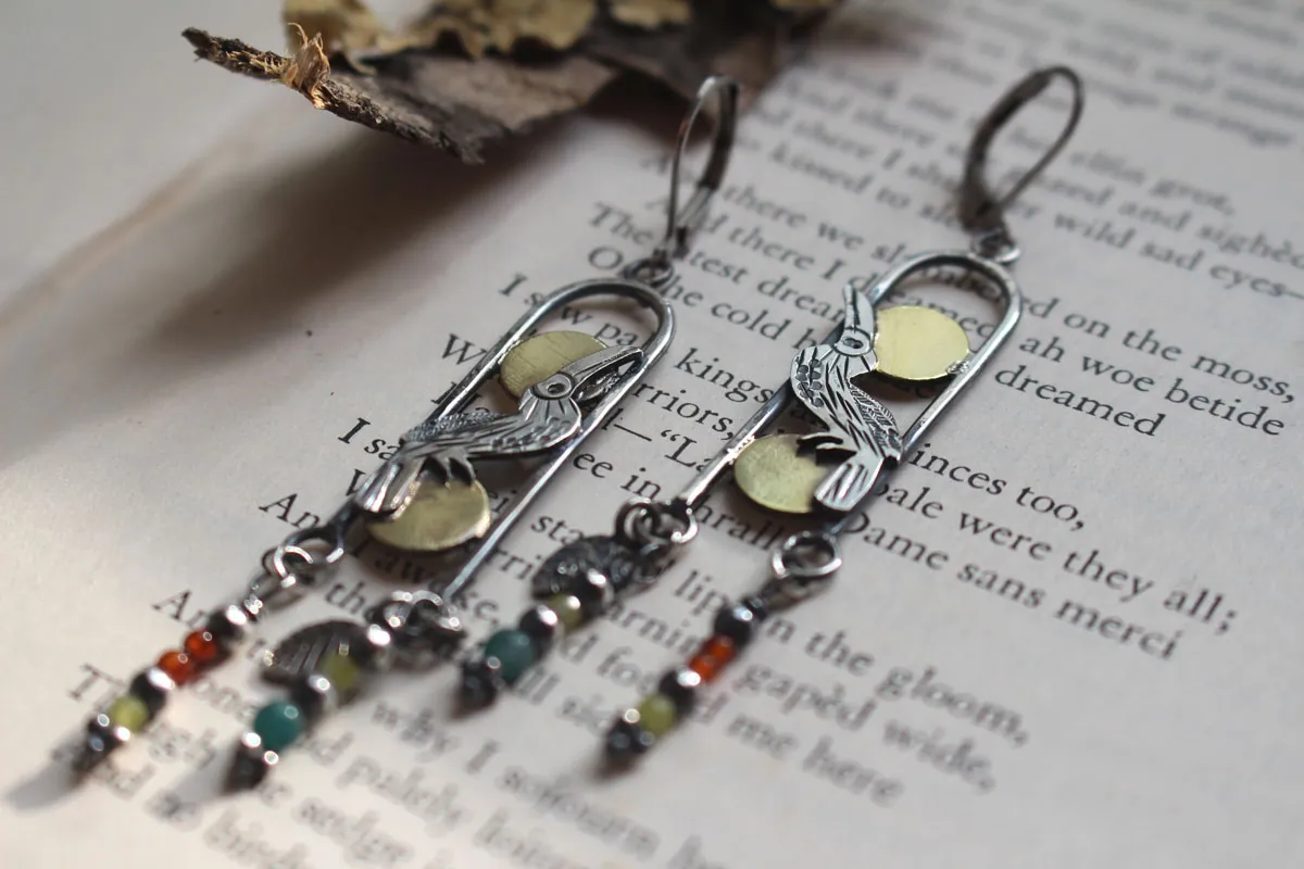 Toucan, exotic bird earrings in silver, brass, carnelian and green agate