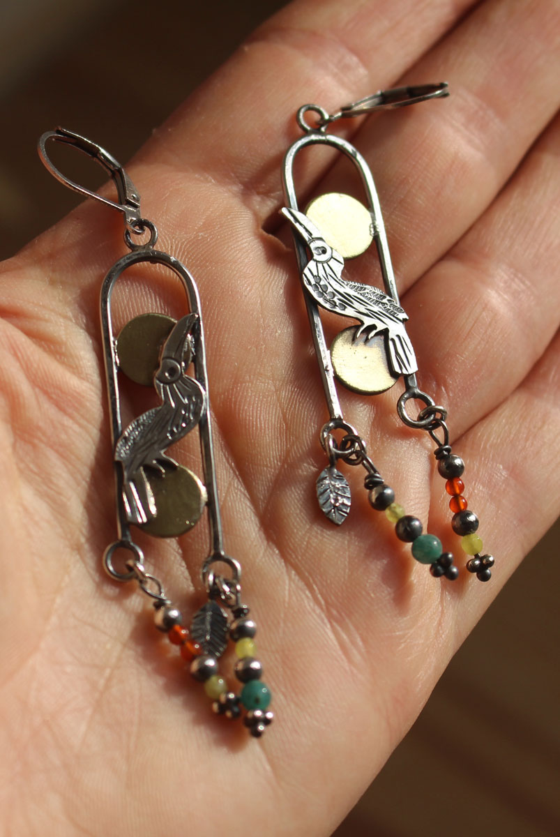 Toucan, exotic bird earrings in silver, brass, carnelian and green agate