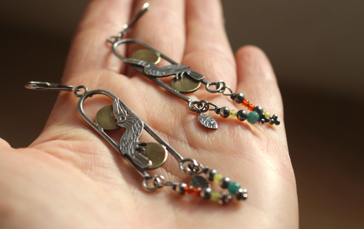 Toucan, exotic bird earrings in silver, brass, carnelian and green agate