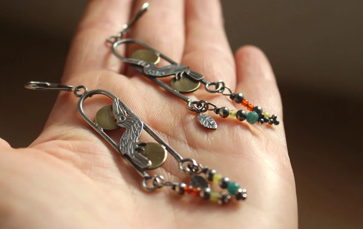 Toucan, exotic bird earrings in silver, brass, carnelian and green agate