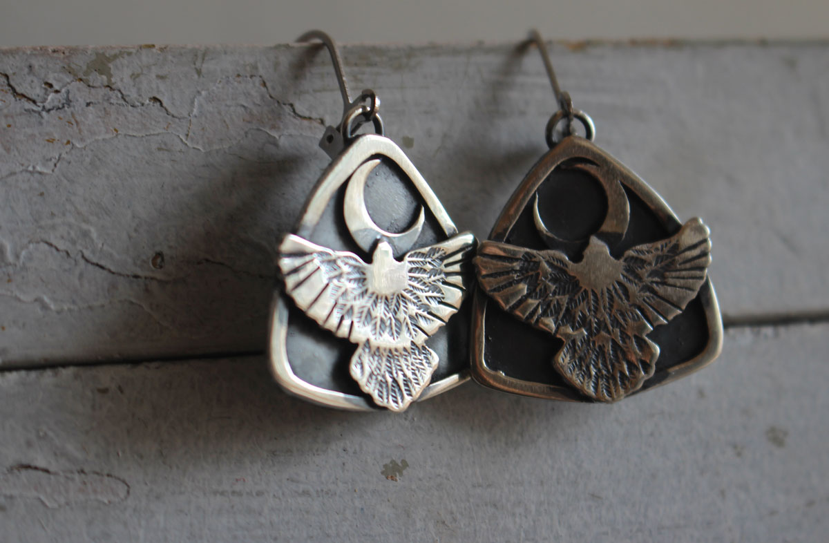 Toward the moon, Native American nocturnal eagle earrings in silver