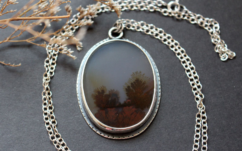 Tranquility, winter landscape necklace in silver and dendritic agate