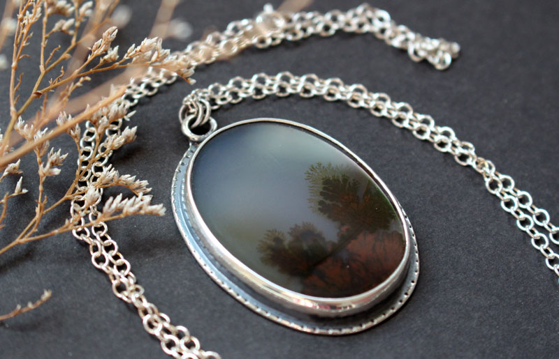 Tranquility, winter landscape necklace in silver and dendritic agate