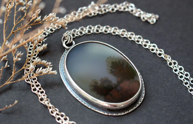 Tranquility, winter landscape necklace in silver and dendritic agate