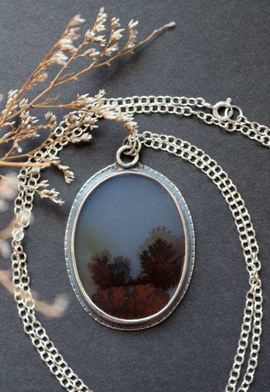 Tranquility, winter landscape necklace in silver and dendritic agate
